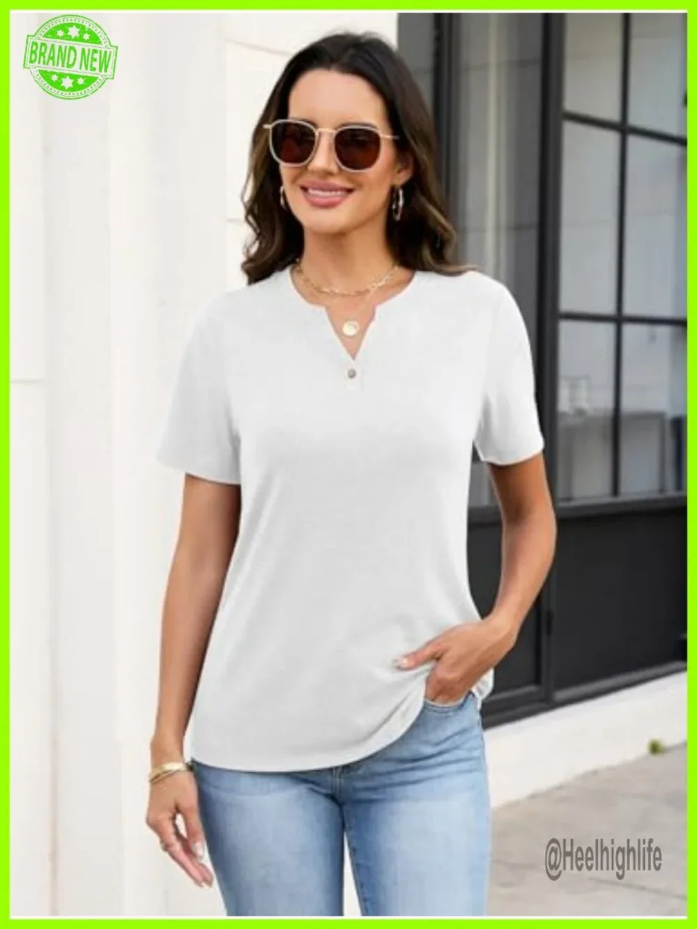 Women's V Neck Short Sleeve Henley T-Shirt Casual Summer Top